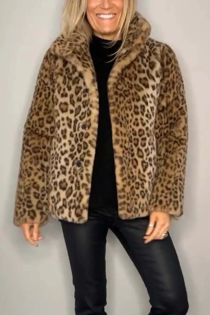 Casaco de inverno feminino elegante com lapela de leopardo e pele sintética