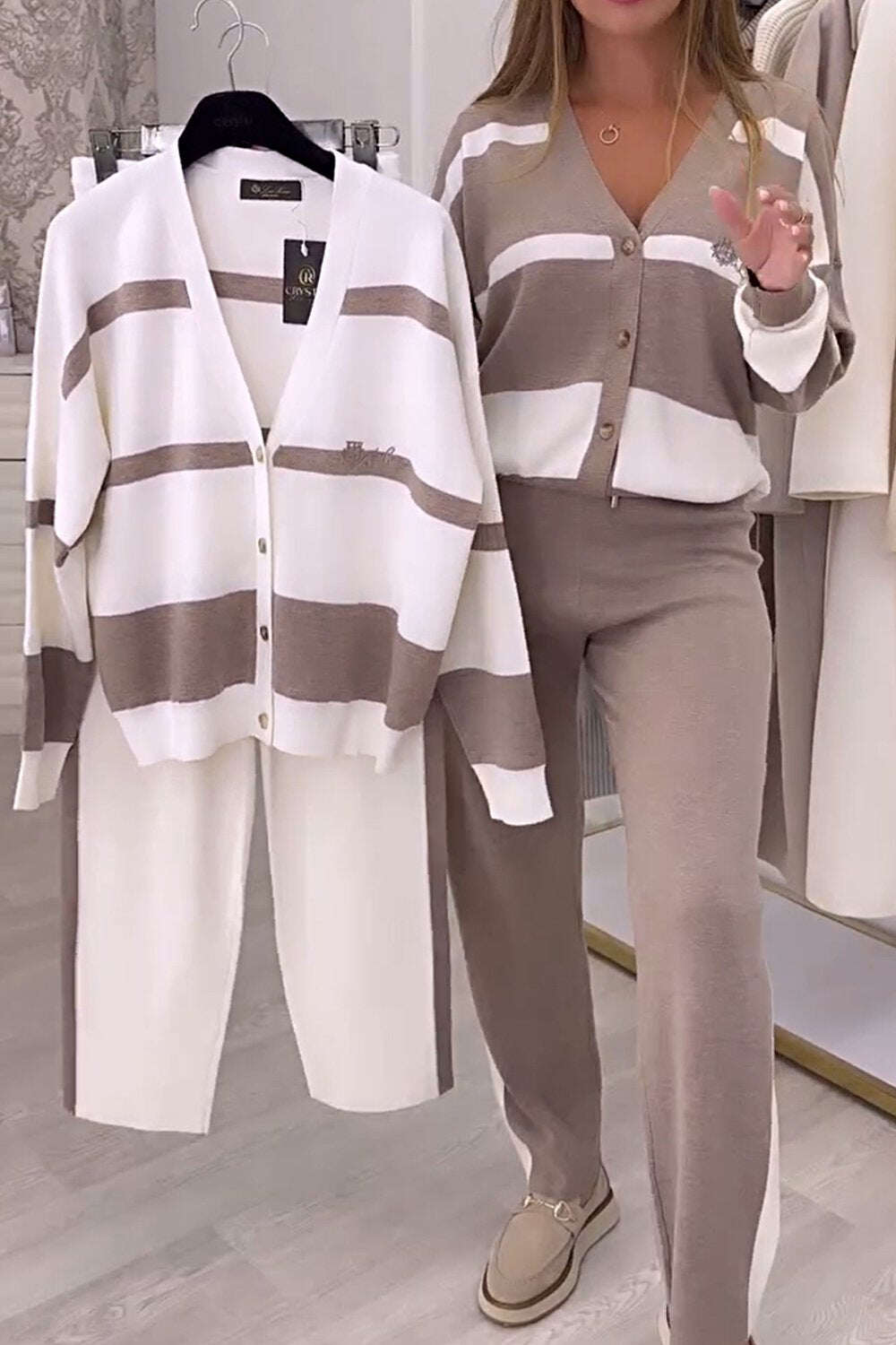 Suéter elegante de malha em cor contrastante, conjunto de duas peças