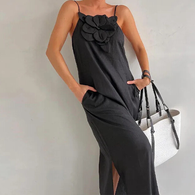 Primavera e verão novo estilingue tridimensional estilingue flor algodão e linho vestido sem mangas para mulher