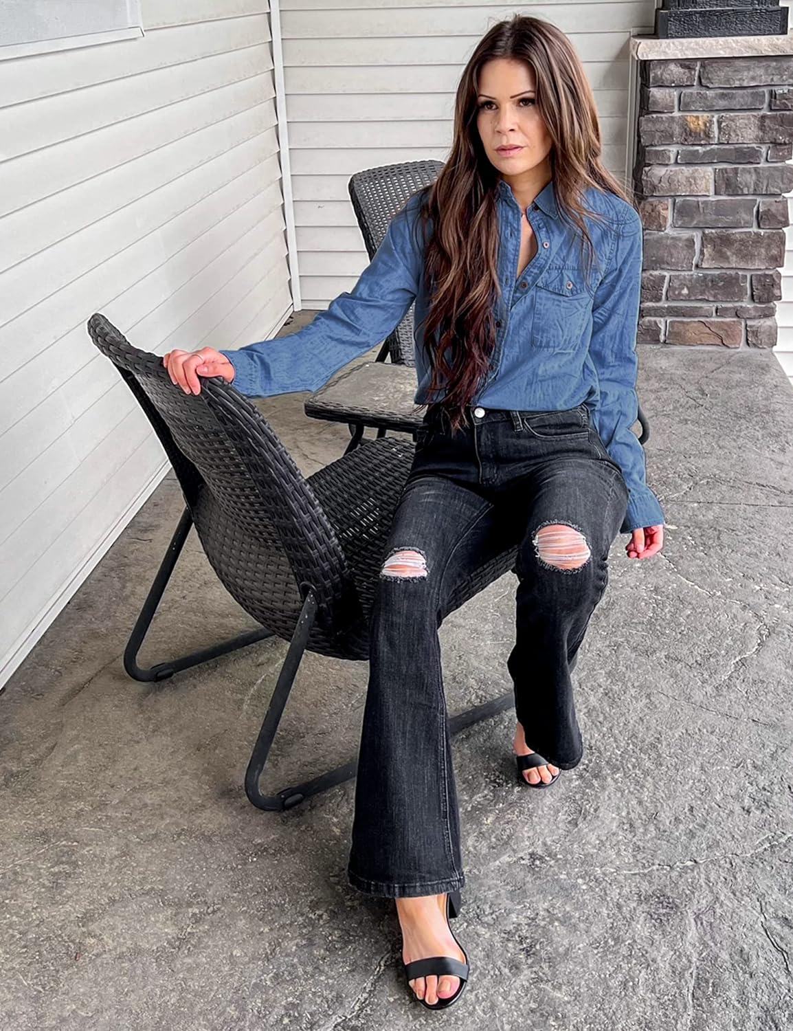 luvamia farmer ing Női Chambray Jean Western Shirts Hosszú ujjú gombos felsők