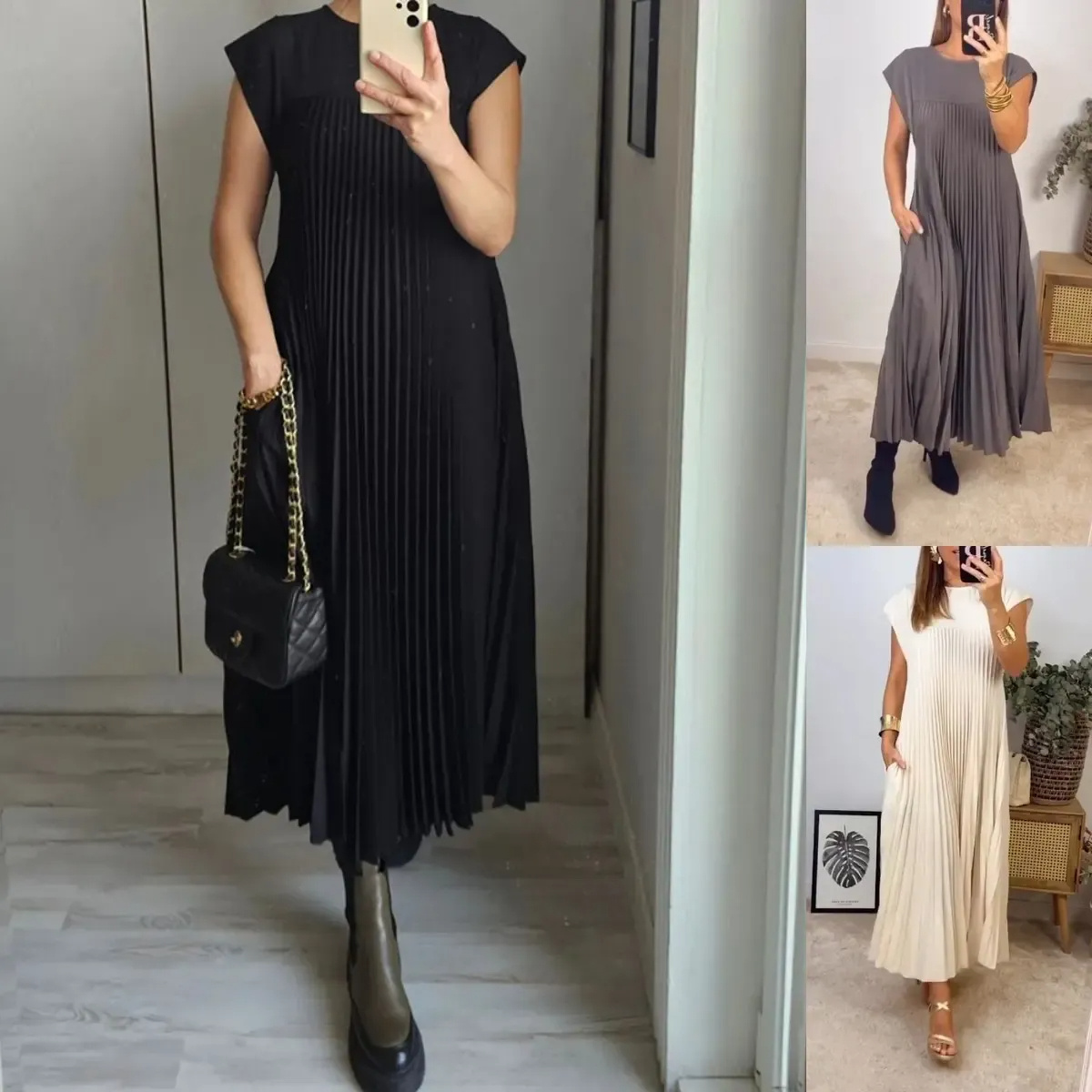 🔥❤️【S-3XL】 MONOKRÓM REDŐZÖTT UJJATLAN RUHA