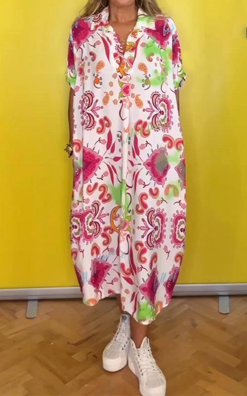 Vestido solto estampado com lapela casual