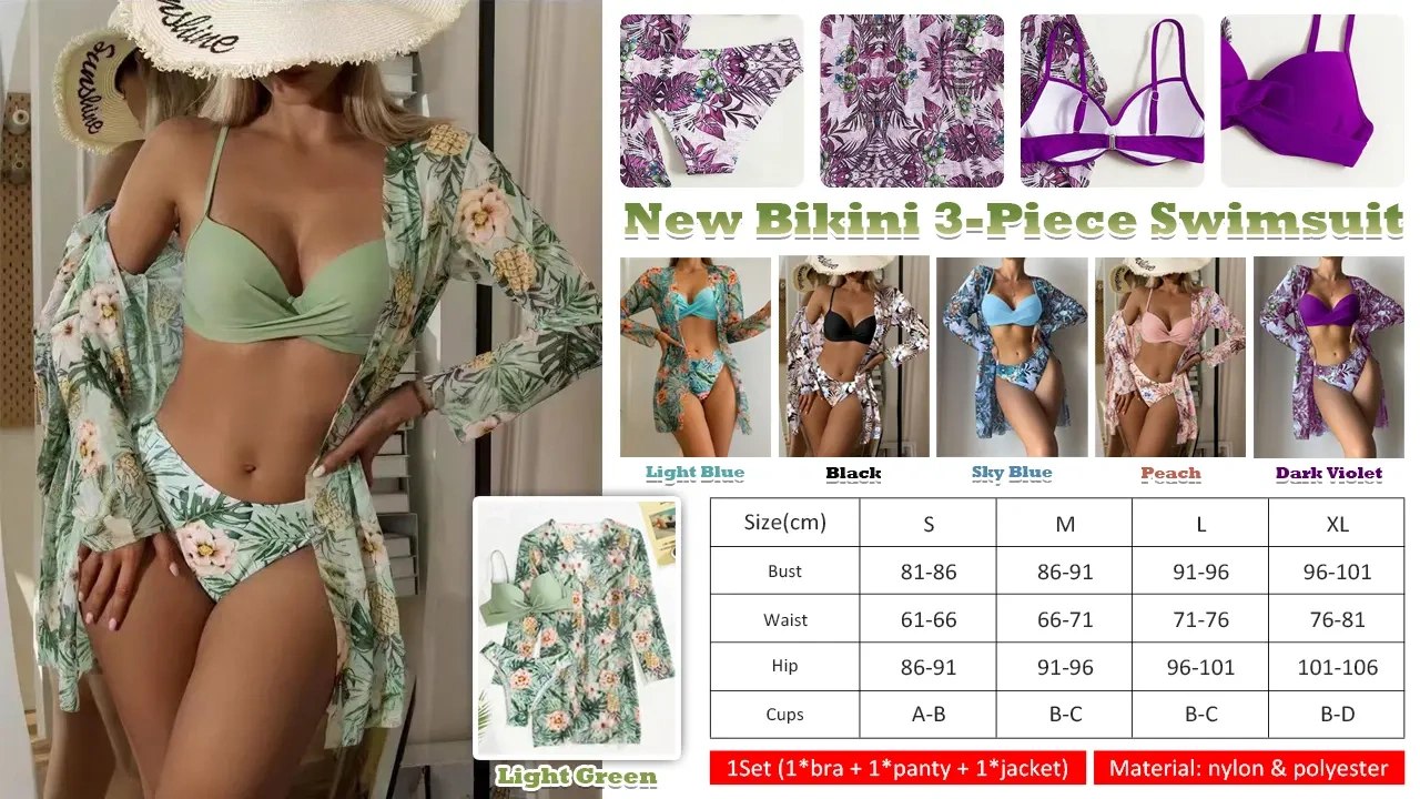 【Három részes készlet】👙 2024-es új, nyomtatott női fürdőruha szett, új 3 részes bikini