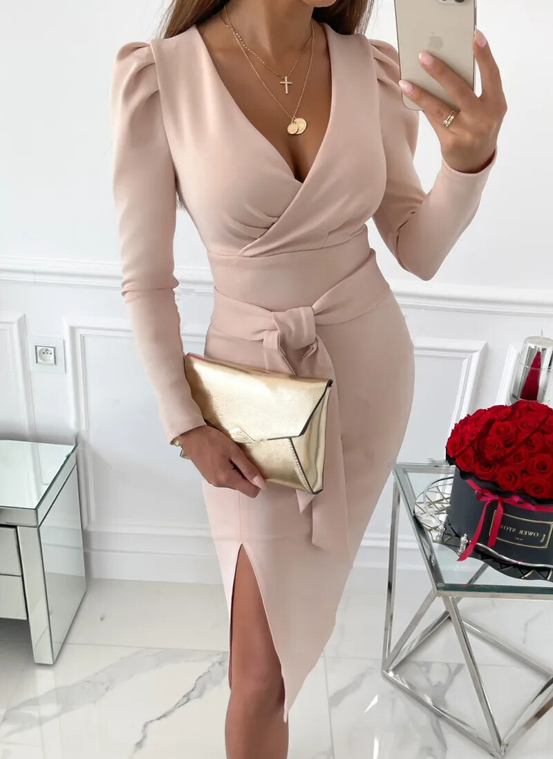 🔥2024 Vestido elegante de manga comprida com decote em V