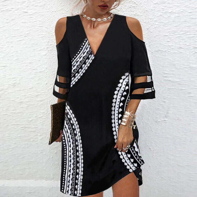 Vestido de verão novo estilo com decote em V floral malha emenda meia manga