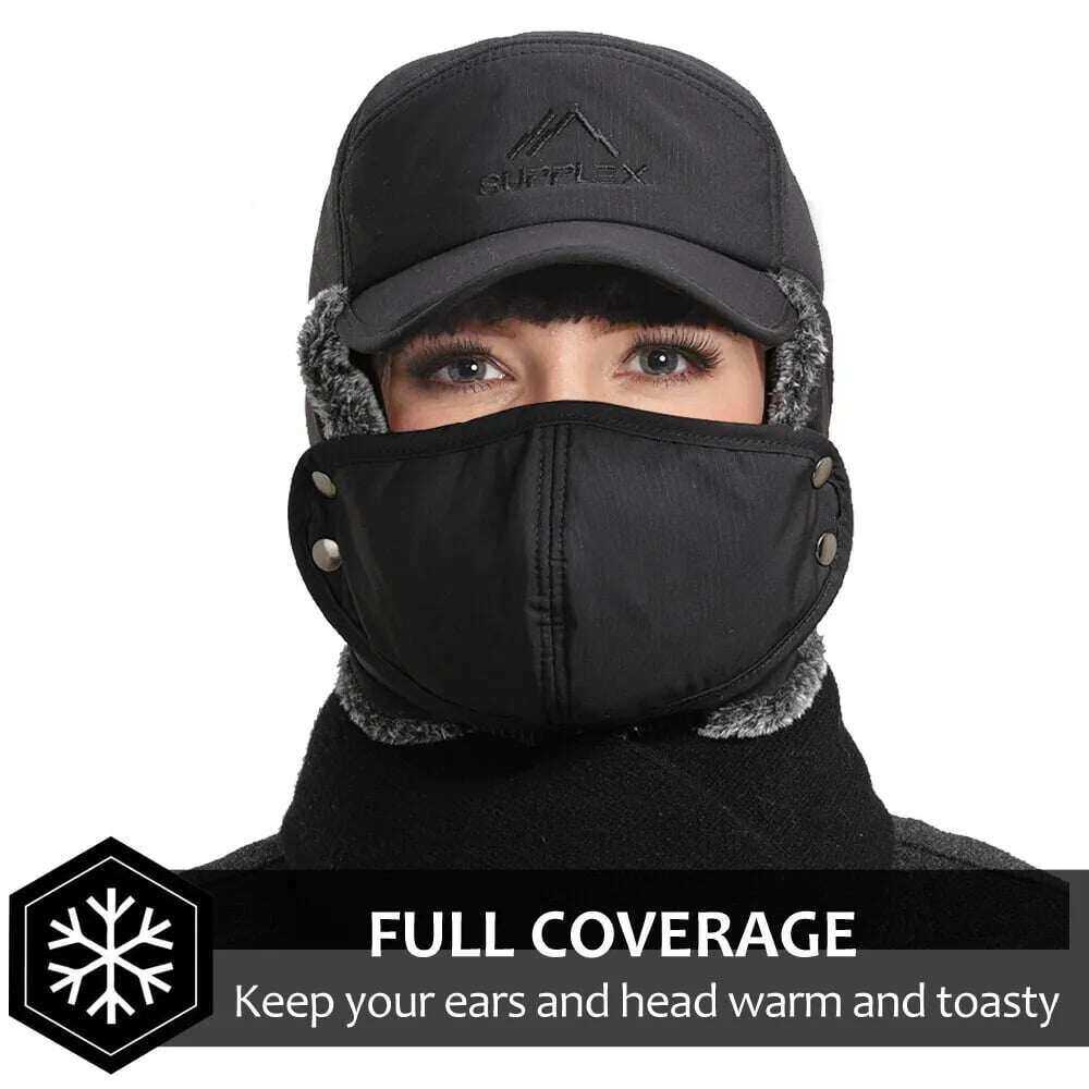 🧢❄️Homens Inverno Aba de Orelha Chapéu Trapper Máscara Facial Pele Aviador Térmico Quente Neve Esqui Cap