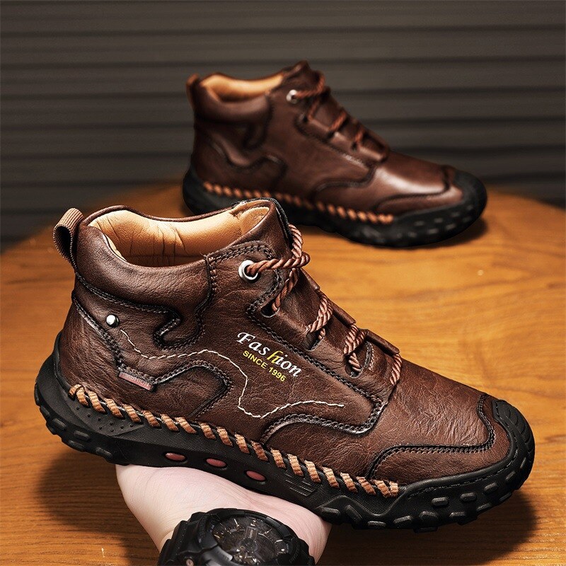 Botas de caminhada masculinas costuradas à mão com cadarço para atividades ao ar livre