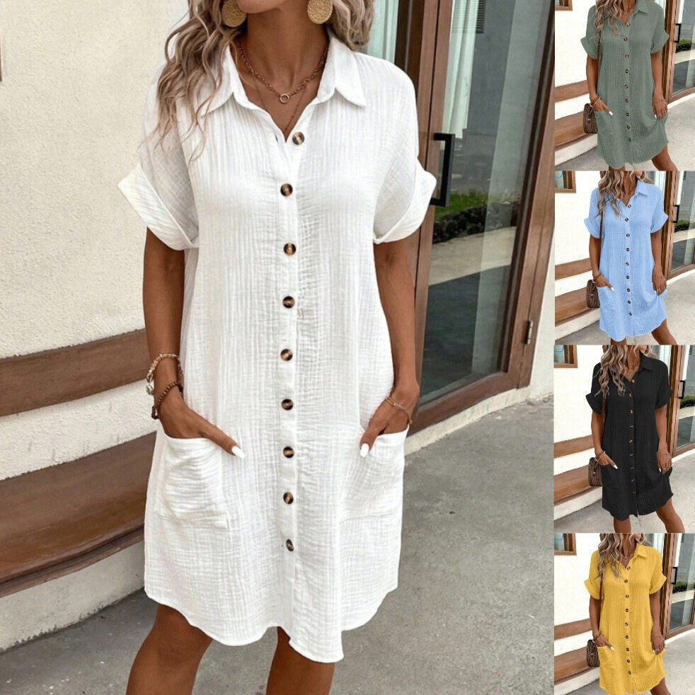 [S-3XL]Vestido camisa simples de verão 2024 com decote em V