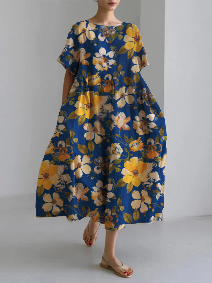 Vestido feminino de manga curta feito à mão em algodão e linho