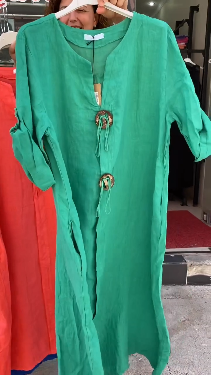 🌈【S-5XL】 Novo vestido de algodão e linho com decote em V, confortável e moderno