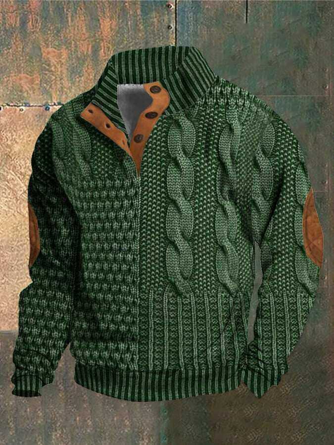 Męska bluza casualowa z nadrukiem retro, z kołnierzykiem i guzikiem