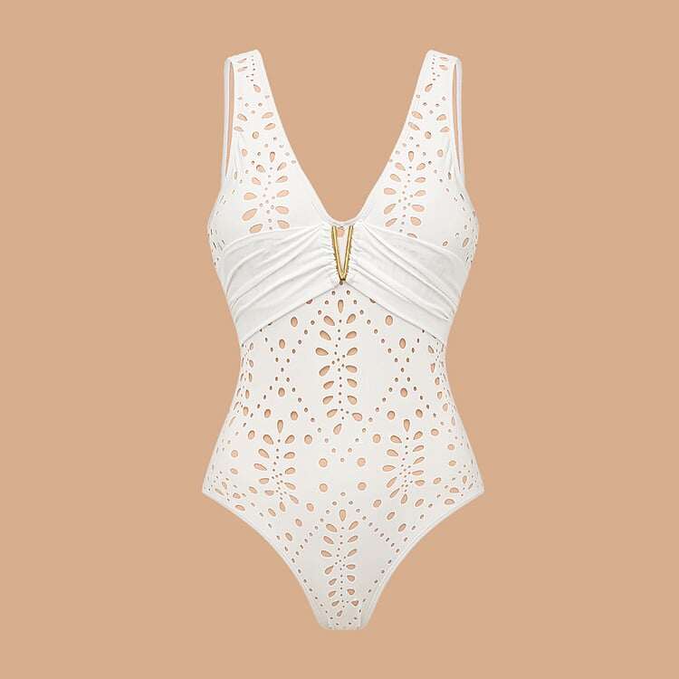 🔥 V Neck Solid Color Laser Cutting Flower One Piece Set