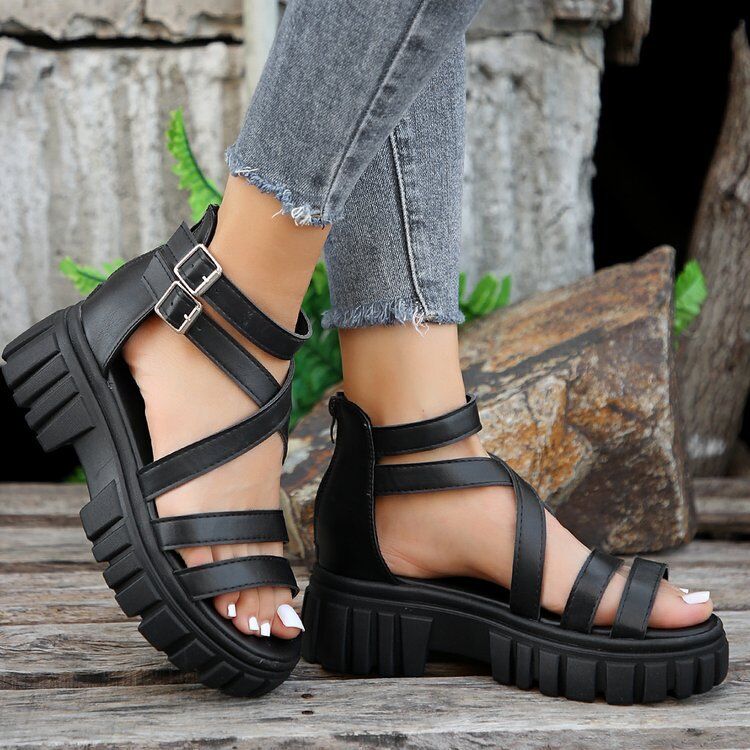 2024 novos sapatos femininos plataforma versátil oco sandálias de tira média