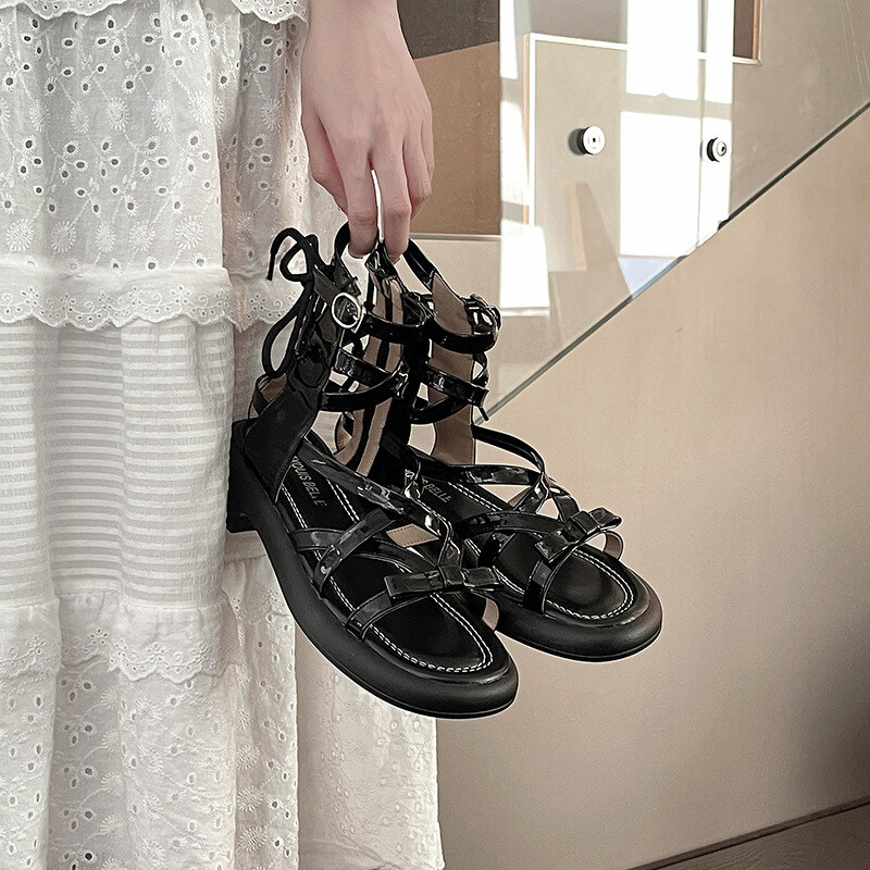 2024 novos sapatos romanos de verão com sola grossa e cano alto