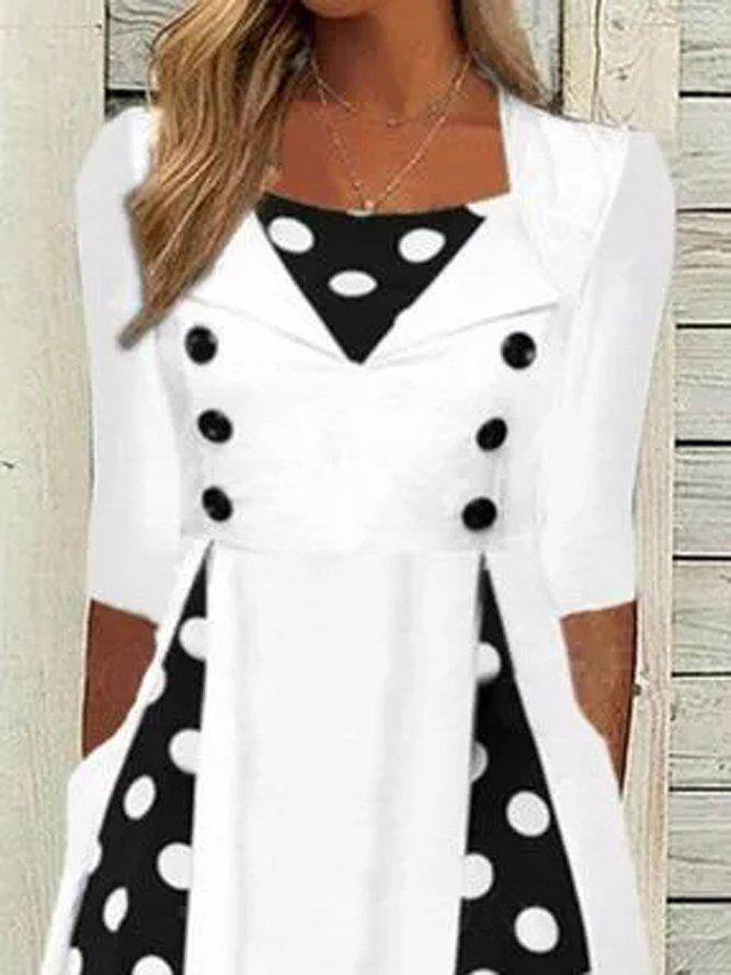 Casual vestido de pescoço quadrado polca de ponto tecido