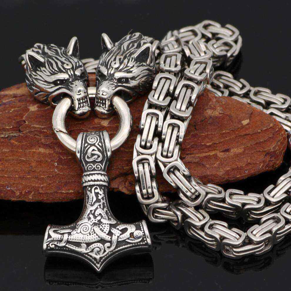 NordyckoTM |. Colar de cabeça de lobo estilo viking nórdico com martelo