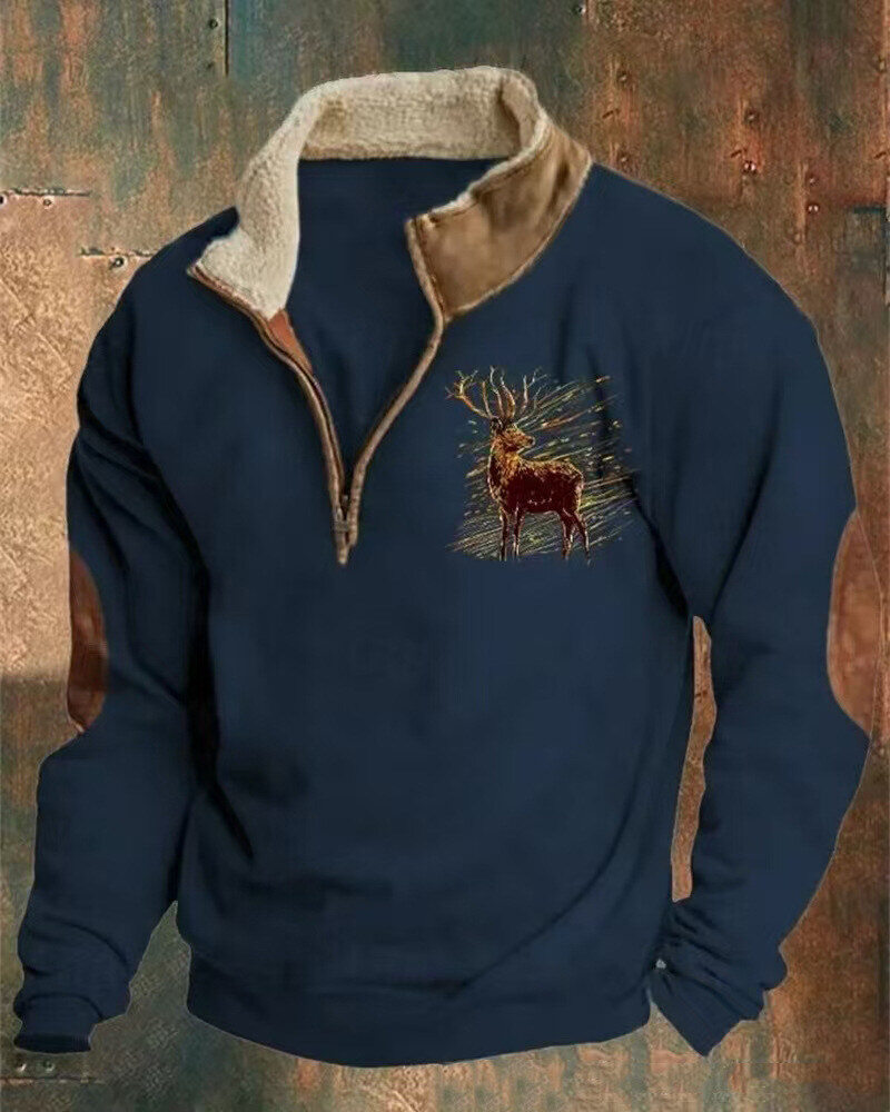 Pulôver masculino com gola alta estampada estilo ocidental e zíper