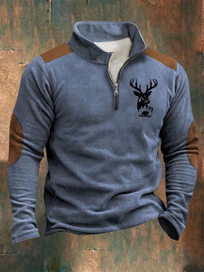 Moletom masculino com zíper e gola alta estampada estilo ocidental