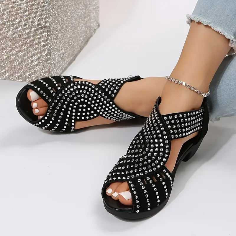 【36-43】🔥2025 Hot Sale💎 Sandálias femininas de couro cristal primavera e verão com salto sólido cruzado