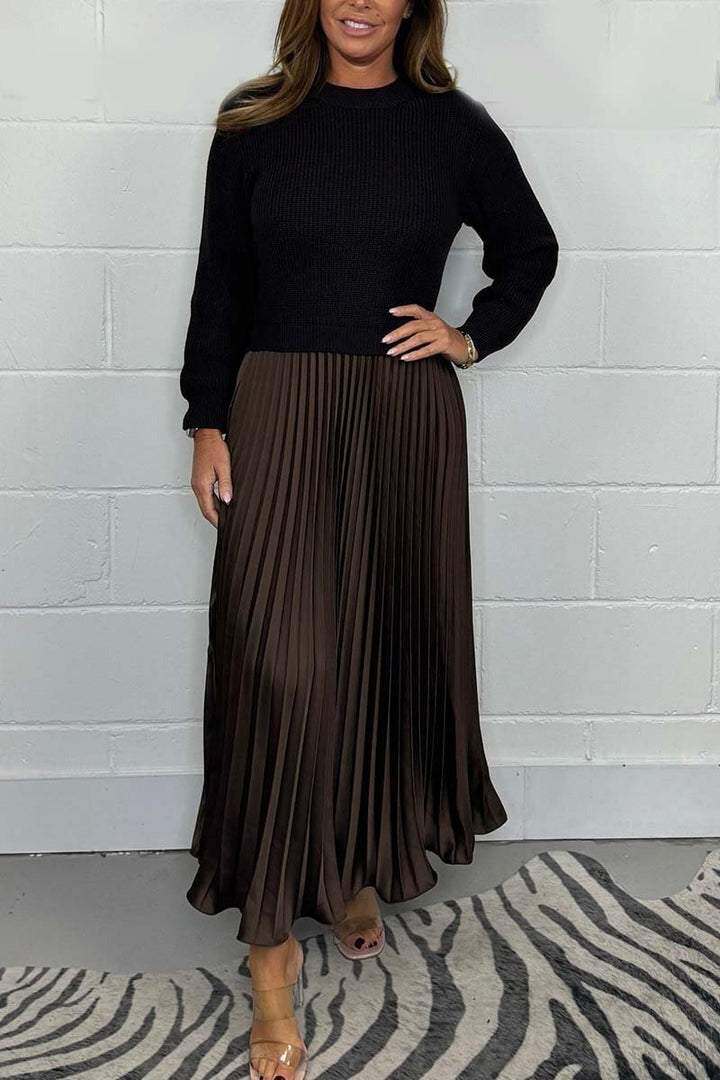 CONJUNTO DE DUAS PEÇAS DE SUÉTER DE MANGA COMPRIDA E VESTIDO PLISSADO FEMININO