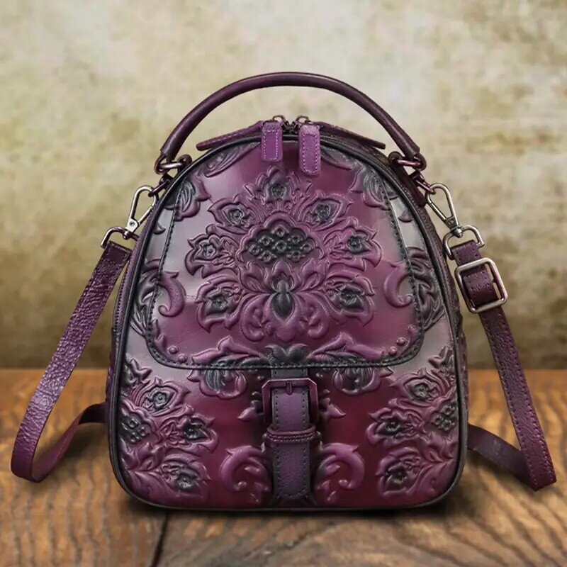 Női Vintage Dombornyomott Bőr Crossbody Táska - Állítható, 2 Pántos Válltáska Cipzárral, Virágminta, Barna Valódi Bőr Hátizsák Alkalmi és Formális Alkalmakra, Hétköznapi Kiegészítő, Elegáns Kiegészítő, Tartós Kivitelezés