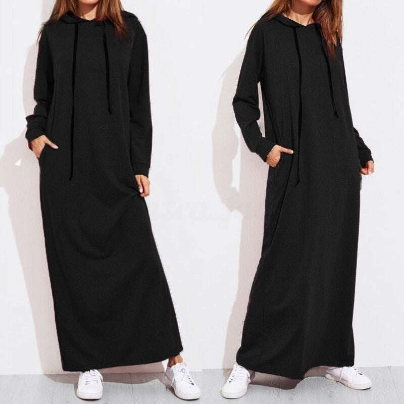Vestido feminino de moletom de manga comprida com capuz