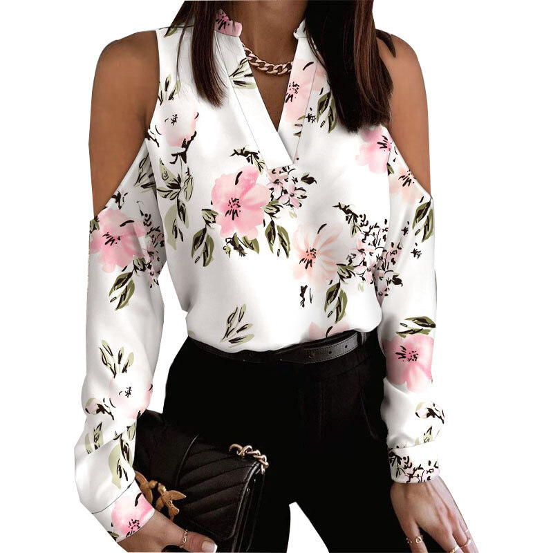 Cetim de seda camisas estampadas de mangas compridas e ombros de fora para primavera e verão