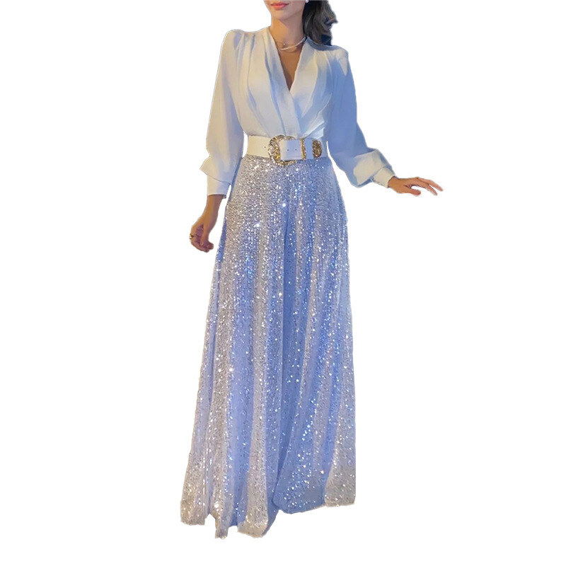 2024 vestidos femininos primavera outono premium decote em v manga comprida elegante cintura lantejoulas vestido francês