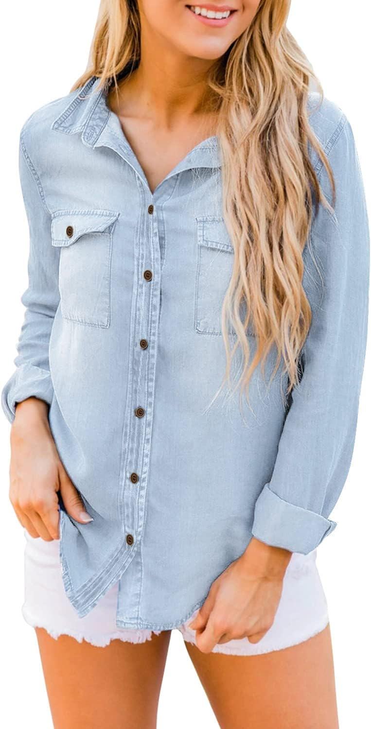 luvamia farmer ing Női Chambray Jean Western Shirts Hosszú ujjú gombos felsők