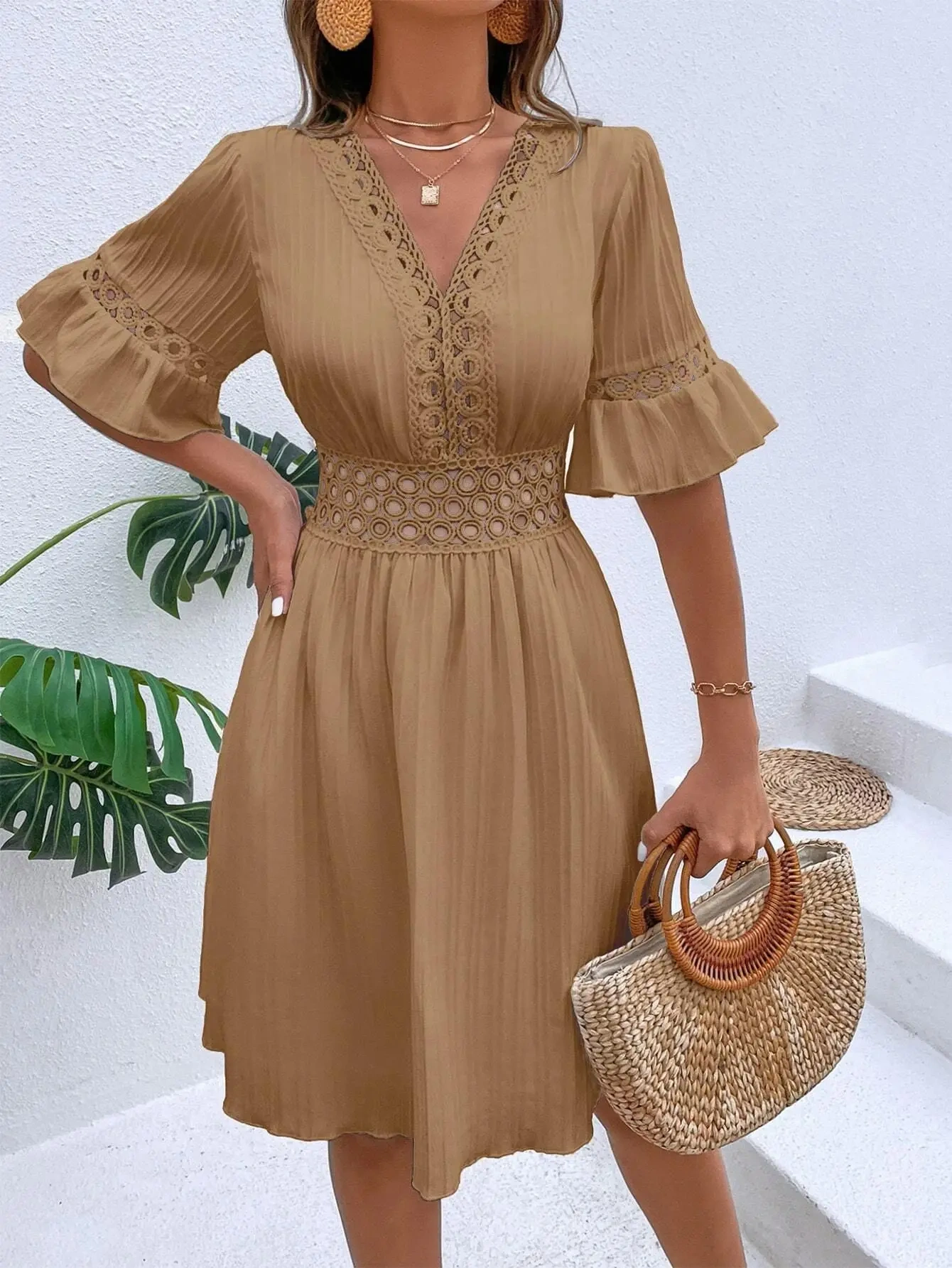 💥👗 【S-XL】 Vestido elegante com mosaico de renda 2024
