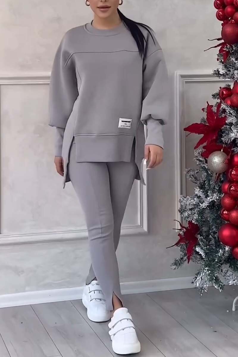 Conjunto feminino casual de cor sólida com gola redonda e manga comprida