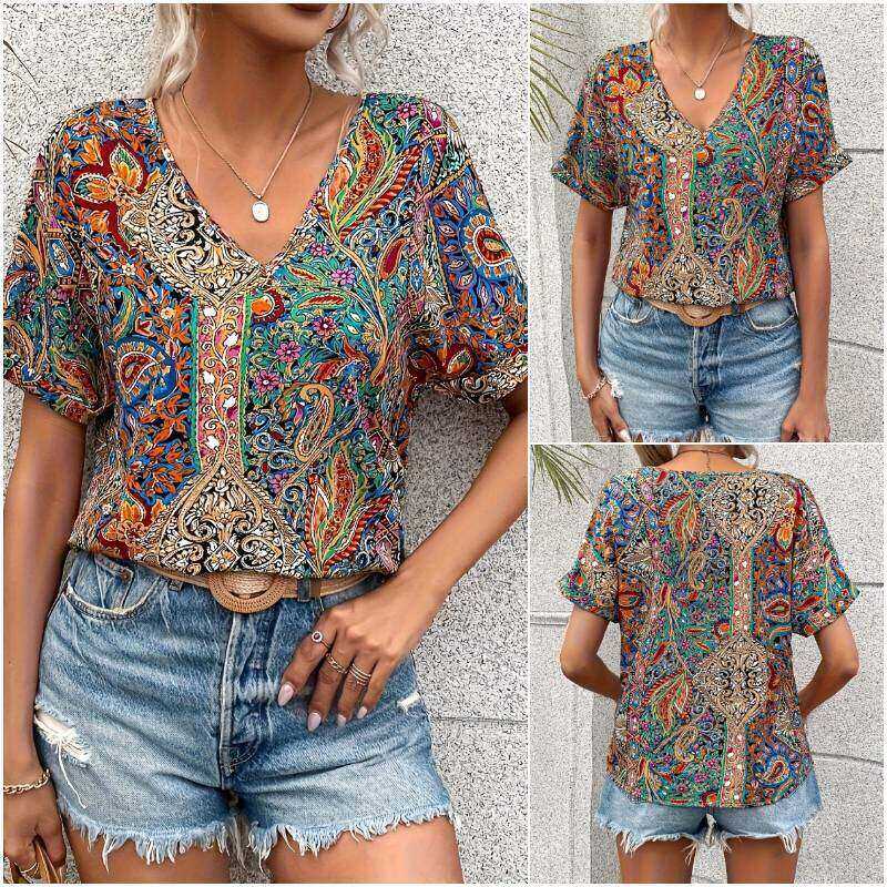 Camisa étnica retrô feminina estampa paisley 2024 coleção primavera verão 1495326