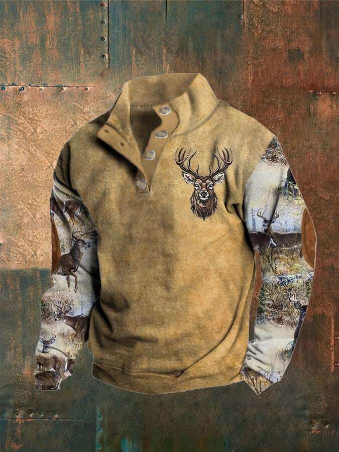 Ανδρικό φούτερ με γιακά με κουμπί και στάμπα desert deer
