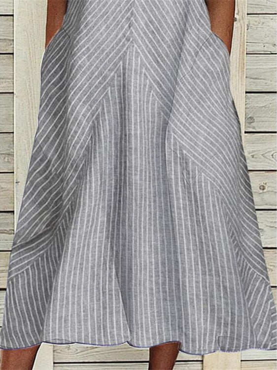 Vestido midi de algodão sem mangas com decote em V às riscas