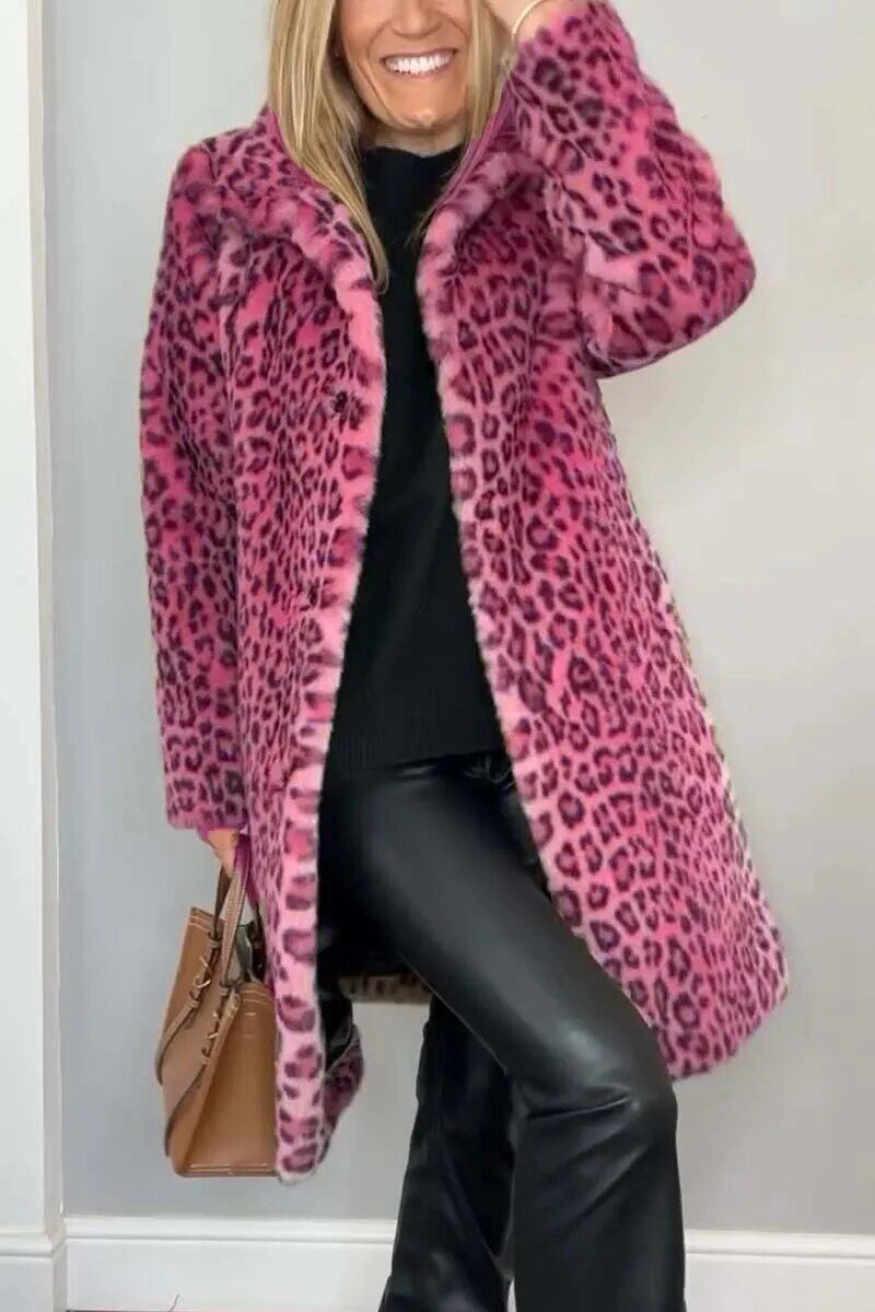 Casaco de inverno feminino elegante com lapela de leopardo e pele sintética
