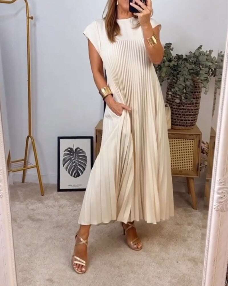 🔥49% de desconto de verão✨Vestido feminino plissado de cor sólida