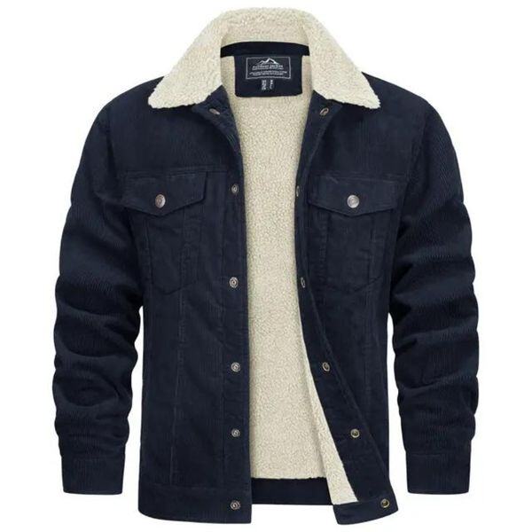 Jaqueta masculina de veludo cotelê jeans com forro de lã