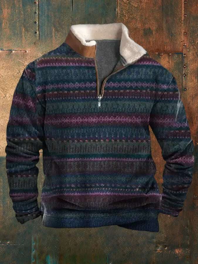 Moletom masculino com zíper e estampa vintage ocidental de pelúcia com gola alta