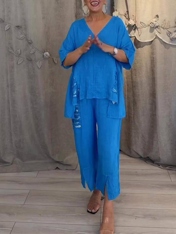 Fato Feminino De Duas Peças Em Algodão E Linho, Com Decote Em V E Lantejoulas