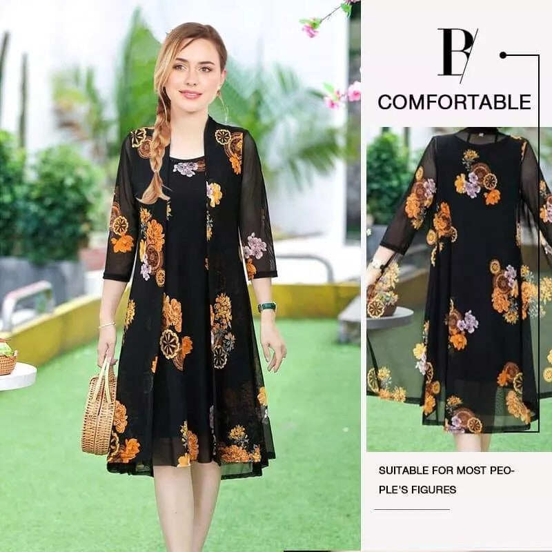 Vestido sem mangas com decote redondo e estampa floral com cardigan