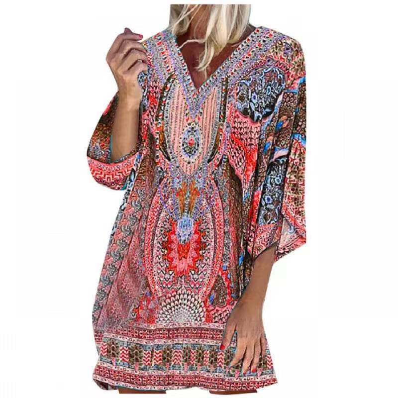 【S-3XL】Секси рокля с прашка с щамповано кръгло деколте и издълбани къси ръкави с открити рамена