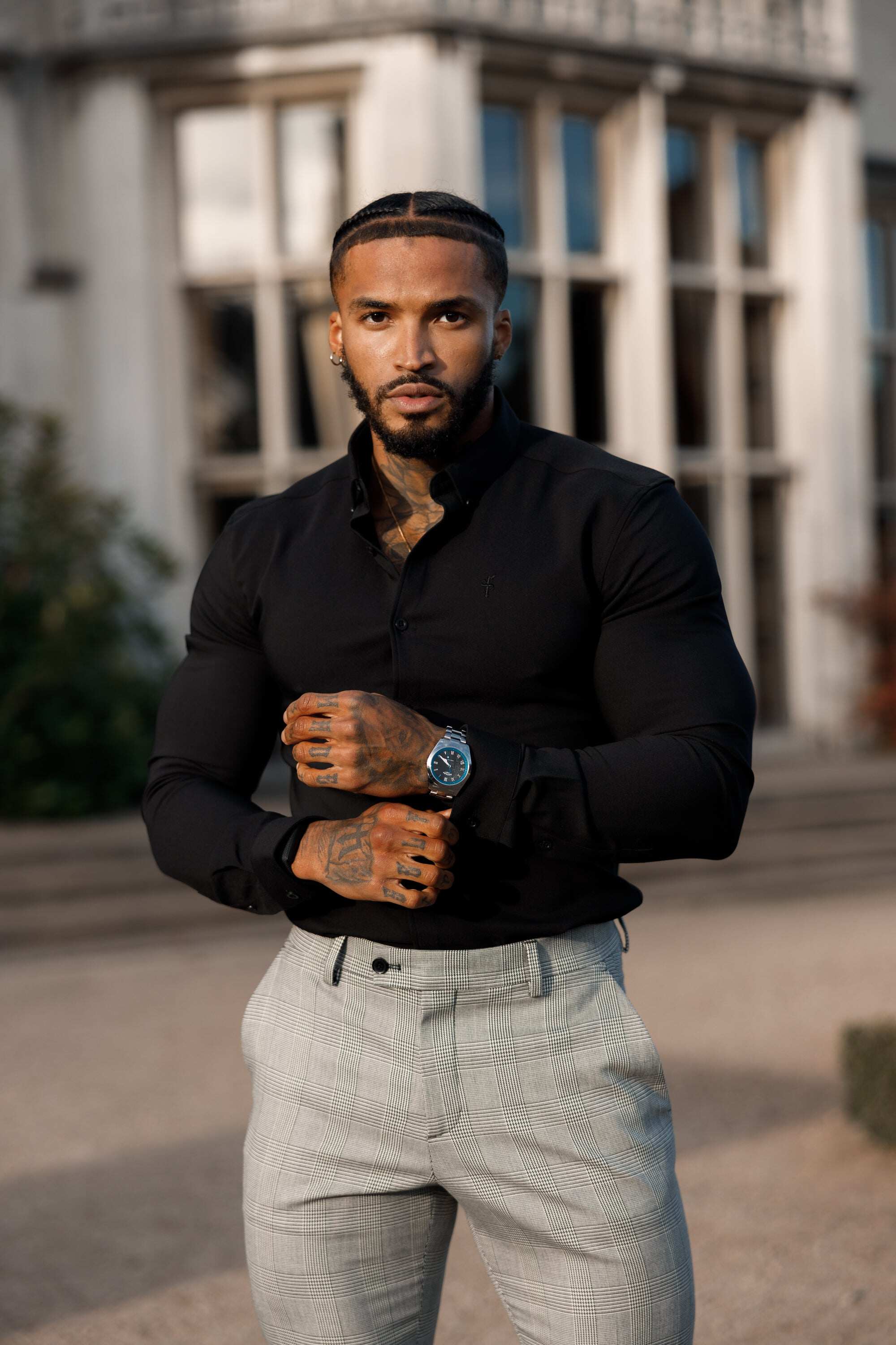 Father Sons Slim Formal Grey Prince of Wales Check Stretch Trousers - FSTR011