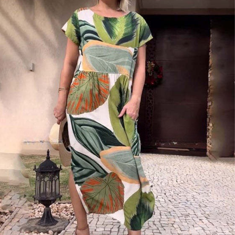 Leaf Print Round Neck Side Split Dress