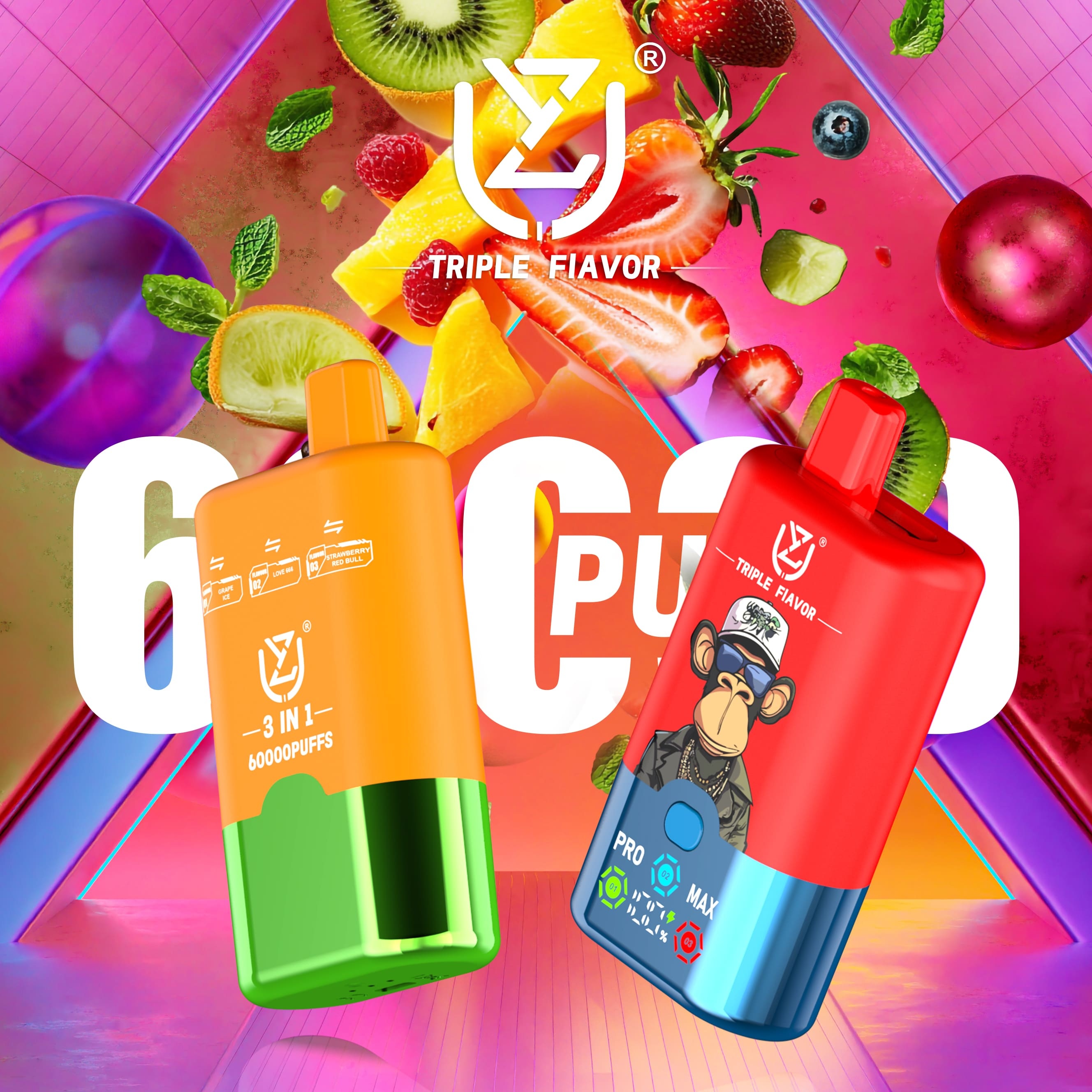 UZY Triple Flavor 60000 Puffs Vape 3 in 1 Disposable E Cigarette with Smart LED Display