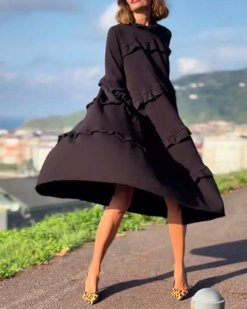 Vestido de manga comprida com folhos monocromáticos