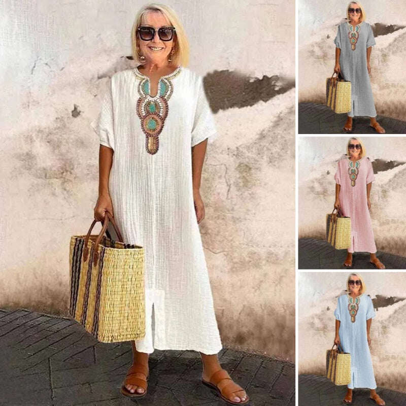 [S-4XL]🌿 Φόρεμα με φαρδιά γραμμή και κέντημα από βαμβάκι και λινό