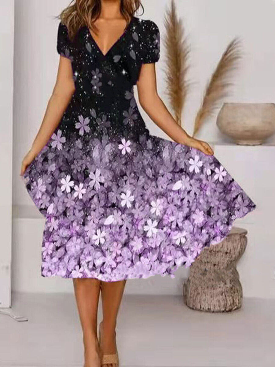 Vestido swing manga curta com estampa floral estrela 2024