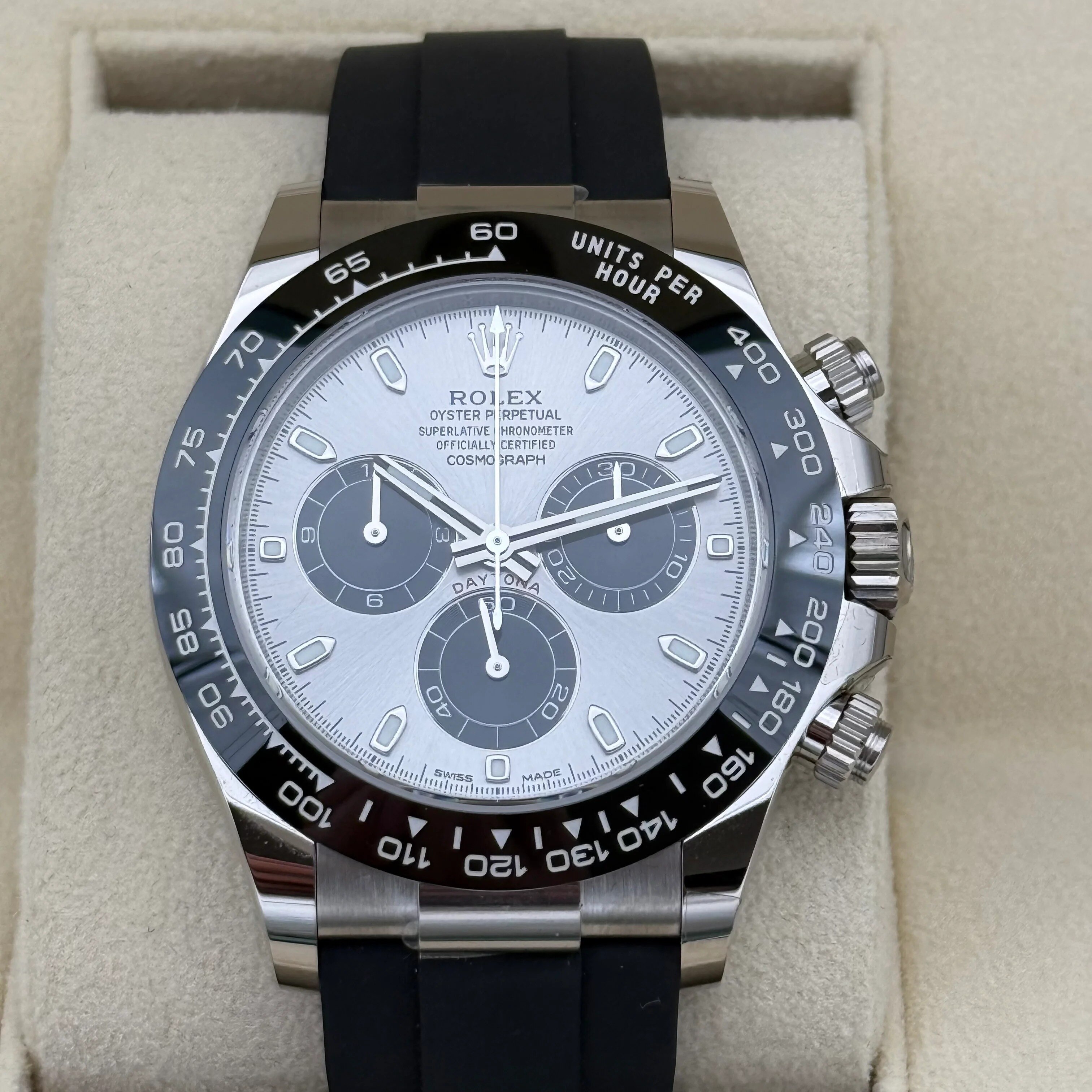 Relógio Rolex Daytona Chronograph WG mostrador cinza Oysterflex 116519