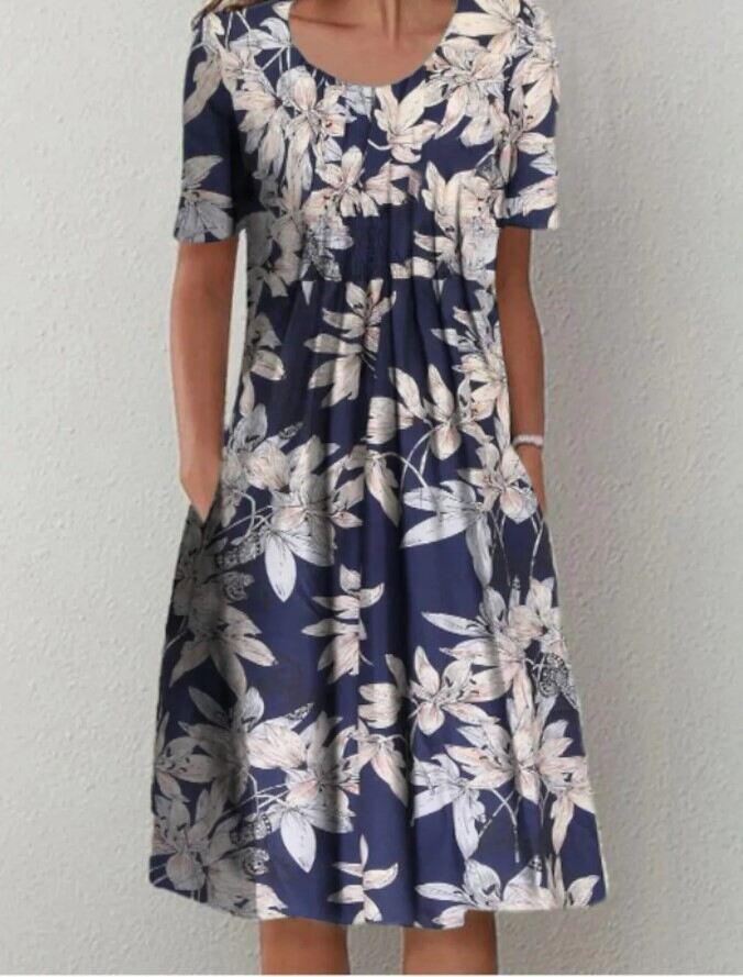 Vestido midi feminino primavera e verão com gola redonda estampado floral e bolso