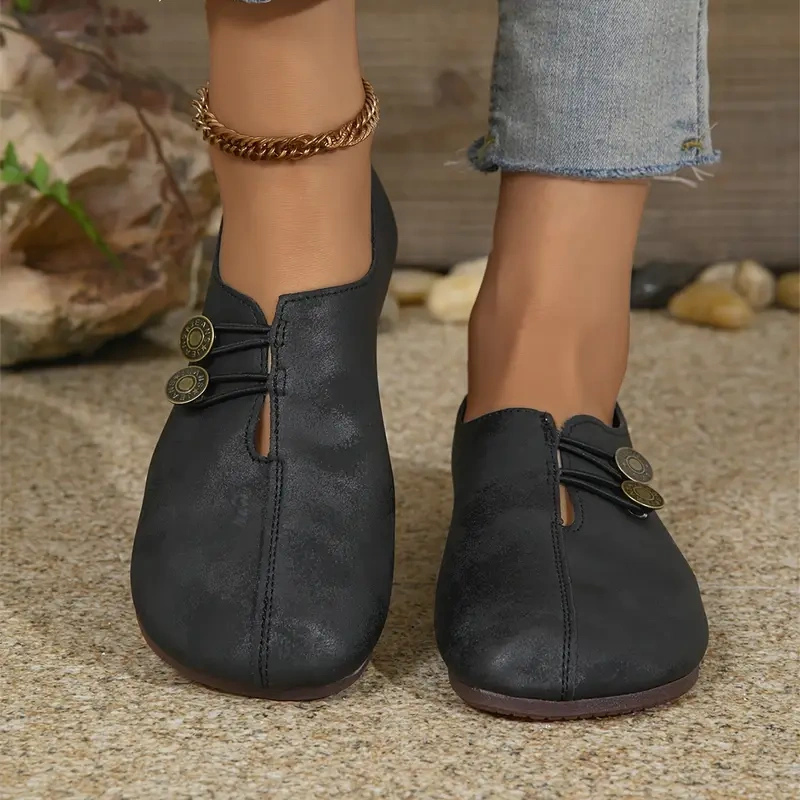 Sapatos femininos elegantes e baixos com sola macia, bico redondo e fivela